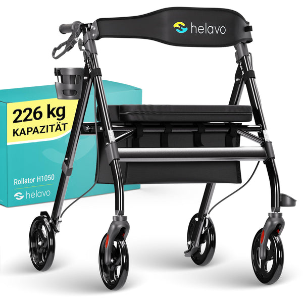 HELAVO extra-wide rollator with large, height-adjustable seat - Foldable heavy-duty rollator made of aluminum - Load capacity up to 226 kg