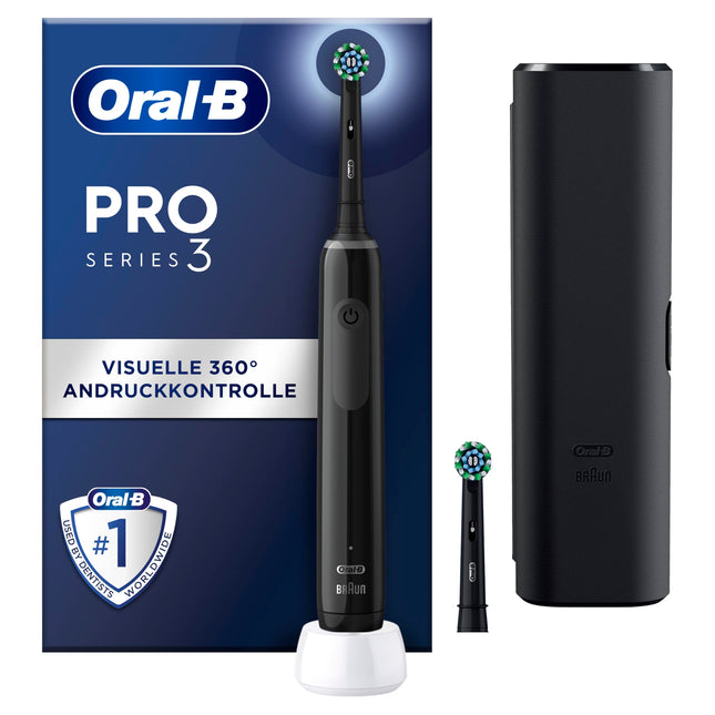 Oral-B PRO 3 3500 Electric Toothbrush, 2 brush heads, with 3 brushing modes and 360° visual pressure control for dental care, travel case, gift for men/women, black