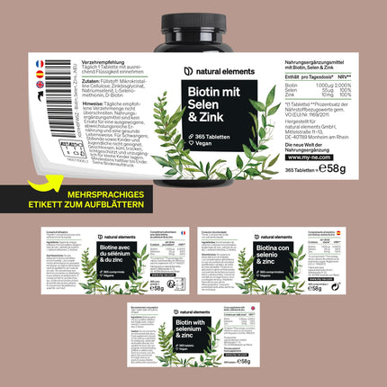Biotin + Selenium + Zinc for skin, hair &amp; nails - 365 vegan tablets - Without magnesium stearate, laboratory-tested &amp; produced in Germany