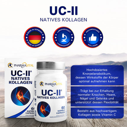 Pharmavital UC-II Native Collagen, 60 Capsules, High-Dose Collagen Capsules from Germany, Collagen-Vitamin C Combination Supplement