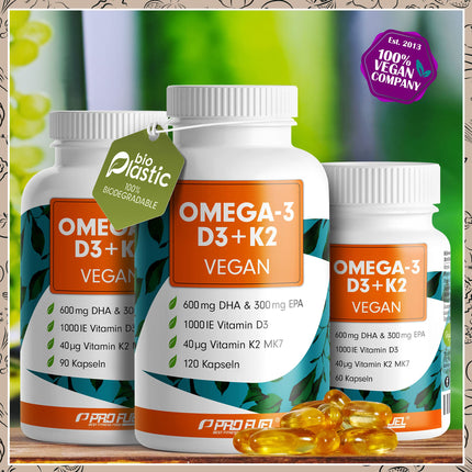 Omega-3 vegan + D3 &amp; K2 (90x), 1100mg algae oil with 600mg DHA &amp; 300mg EPA + 1000 IU vitamin D3 + 40 µg vitamin K2 - O3 D3 K2 vegan Essentials - Omega-3 capsules, high-dose, bioavailable &amp; laboratory-tested