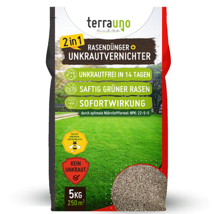 TerraUno lawn fertilizer with extra-strong weed killer, 100-day long-term effect, 5 kg for 250 m², against dandelions, clover, and much more. Lawn weed killer with fertilizer for lush green grass in spring and summer.