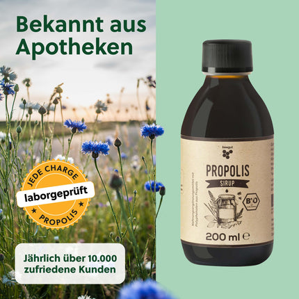 beegut ORGANIC Propolis Syrup with propolis, honey, ribwort plantain, mullein and licorice root, 200 ml syrup also for children, certified ORGANIC