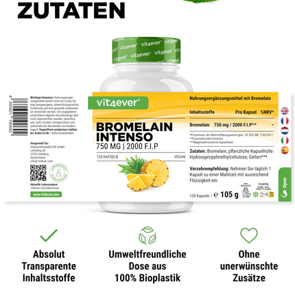 Bromelain Intenso - 750 mg (2000 FIP) - 120 gastro-resistant capsules - Natural pineapple extract - Laboratory tested - Vegan - High dosage