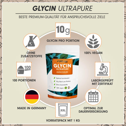 Glycine powder 1kg - optimally dosed with 10g of glycine per day - Glycine Ultrapure with over 99.9% purity - Amino acid without additives - laboratory-tested with certificate - 100-day supply