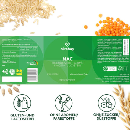 Vitabay NAC Capsules 600mg – 120 Vegan Capsules with N-Acetyl-Cysteine ​​– High Dose N-Acetyl-L-Cysteine ​​– Laboratory Tested &amp; No Additives – GMO-Free &amp; Vegan