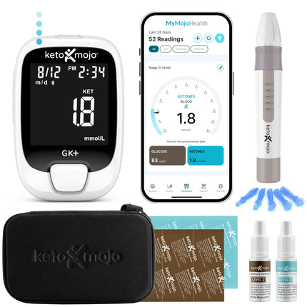 KETO-MOJO GKI Bluetooth Glucose &amp; Ketone Test Kit (mg/dL) + Free Ketosis &amp; Diabetes Monitoring App – 20 Test Strips (10 each), Meter, 20 Lancets, Lancing Device &amp; Control Solutions