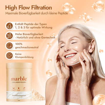 marble® Collagen Powder 500 g - Collagen peptides skin glow - 60-day risk-free trial - High-dose amino acid complex - Collagen powder in a cardboard container without a plastic spoon - tasteless
