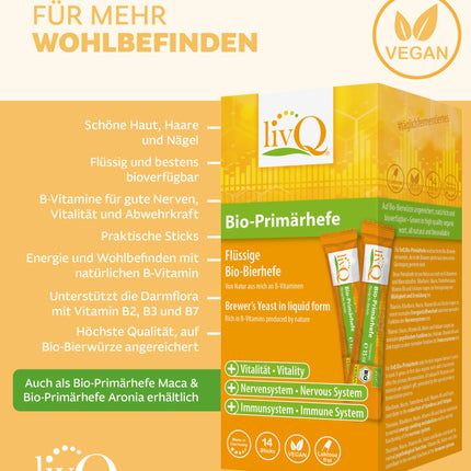 livQ Organic Primary Yeast Pure - Superfood Immune Booster Liquid, Organic Brewer's Yeast from Primary Fermentation with B Vitamins, Refreshing, Vegan &amp; Lactose-Free | 210ml