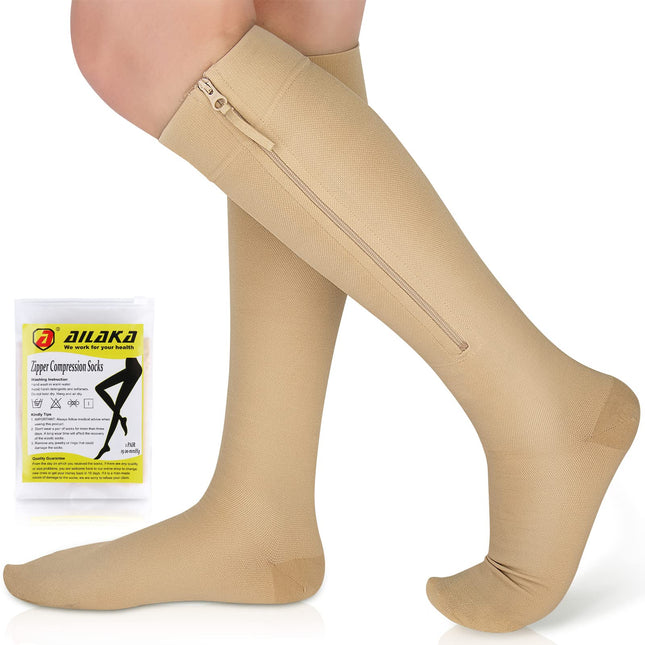 Ailaka Zipper Compression Stockings Medical, 15-20 mmHg Compression Stockings for Women Men, Support Stockings with Zipper for Varicose Veins, Edema, Recovery, Pregnant