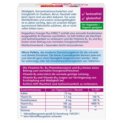 Doppelherz Energy Plus Caffeine + Taurine + B Vitamins DIRECT – With vitamins B1, B5 (pantothenic acid) and B12 to contribute to energy metabolism – 20 sachets