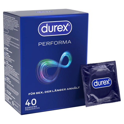 Durex Performa Condoms – Sex-extending condoms with 5% benzocaine gel and an easy-on shape – 40 condoms (1 pack)