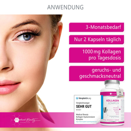 Premium Collagen Hyaluronic Acid Complex - with the superfood goji berry and green tea - 180 collagen capsules from grass-fed beef. 1000mg collagen hydrolysate, biotin, selenium, zinc, vitamins C, B2, and B3.