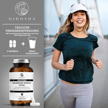 QIDOSHA® Magnesium Complex high-dose, 300 capsules in a pharmacist's glass, 9 Mg forms with complementary active ingredients as a full-spectrum Mg, 300mg elemental magnesium/daily serving