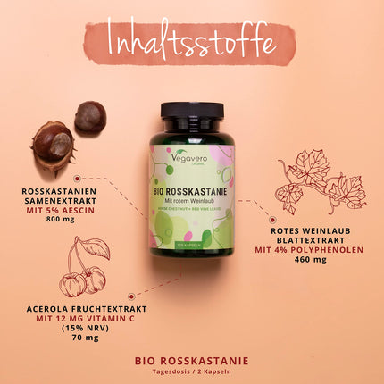 Horse Chestnut Extract Vegavero® | 100% Organic | 800 mg Extract with Vine Leaves &amp; Acerola Vitamin C | Price-Performance Winner 2024* | Aescin &amp; Polyphenols | 120 Vein Capsules | Vegan &amp; No Additives
