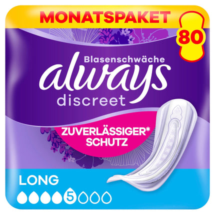 Always Discreet Incontinence Pads Long, 80 pads (8 x 10 pads) monthly pack, discreet protection &amp; high absorbency, odor-neutralizing