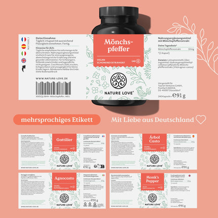 NATURE LOVE® Monk's Pepper Capsules - 240 Capsules - 4:1 Extract from Original Vitex Agnus Castus - Highly Dosed with 10mg per Capsule, No Unnecessary Additives, Vegan, Laboratory-Tested, Produced in Germany