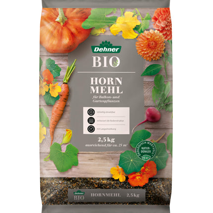Dehner Organic Horn Meal, high-quality fertilizer for balcony plants/garden plants, natural nitrogen fertilizer, ecologically valuable, 2.5 kg, for approx. 25 sqm, colorful