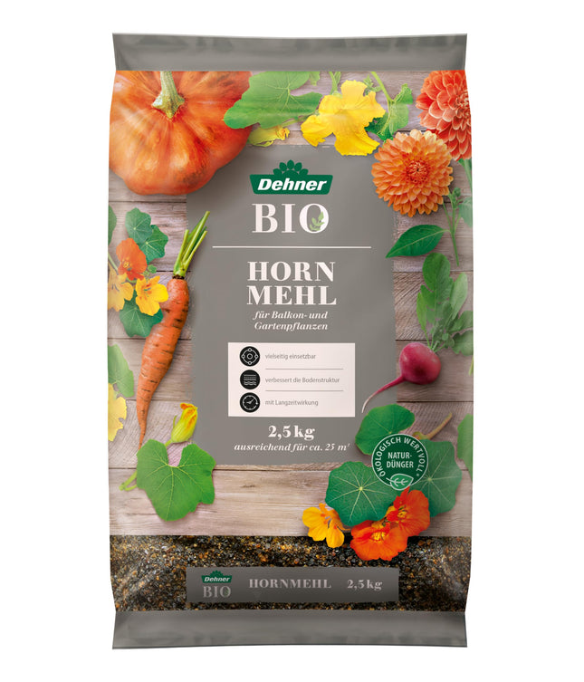 Dehner Organic Horn Meal, high-quality fertilizer for balcony plants/garden plants, natural nitrogen fertilizer, ecologically valuable, 2.5 kg, for approx. 25 sqm, colorful