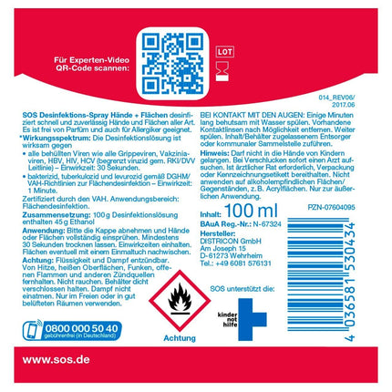 SOS Disinfectant Spray, 2 x 100 ml spray bottle, hand disinfection against 99.99% of bacteria, fungi and viruses*, suitable for disinfecting surfaces and objects