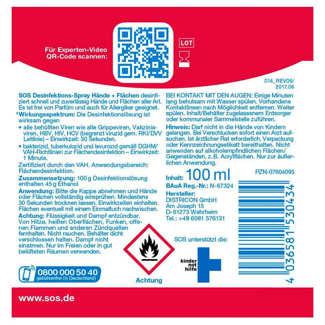 SOS Disinfectant Spray, 2 x 100 ml spray bottle, hand disinfection against 99.99% of bacteria, fungi and viruses*, suitable for disinfecting surfaces and objects