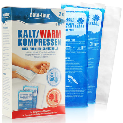com-four® 2X Large multiple compresses 29 x 12 cm with premium reusable fleece cover, cold and warm compresses with gel cooling pack, protective cover with elastic band, microwave-safe - Made in Germany