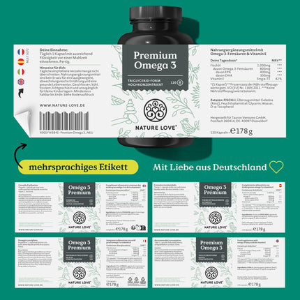 Nature Love Premium Omega 3 NEW - 120 Capsules - 1000mg fish oil per capsule with 80% Omega 3 content (EPA &amp; DHA) - Highly dosed and highly bioavailable due to triglyceride form - from sustainable fishing