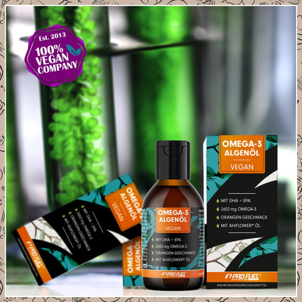 Omega-3 algae oil 100 ml - high dose with 3665 mg algae oil, of which 1203 mg DHA &amp; 667 mg EPA - vegan Omega-3 oil + Ahiflower® oil with a pleasant orange flavor - laboratory-tested with certificate