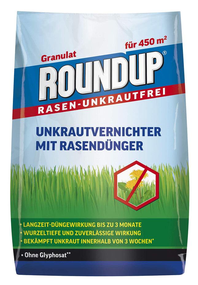 Roundup Lawn Weed Free Lawn Fertilizer, 9 kg, 2-in-1, weed killer plus fertilizer with 100 days of long-term effect for 450 m²