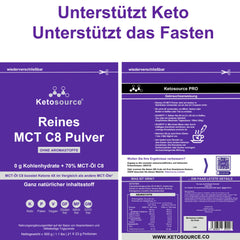 Pure C8 MCT Powder | 4x the Ketone Boost Compared to Other MCTs | Zero Carbs | Supports Keto &amp; Fasting | Vegan, Safe, and Gluten-Free | Tasteless | 500g Pouch | Ketosource
