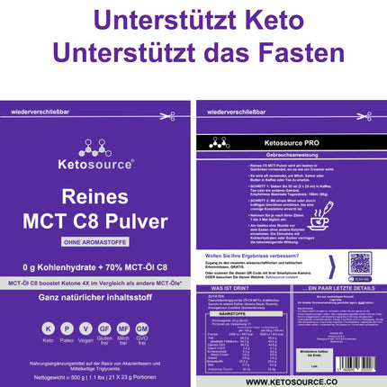 Pure C8 MCT Powder | 4x the Ketone Boost Compared to Other MCTs | Zero Carbs | Supports Keto &amp; Fasting | Vegan, Safe, and Gluten-Free | Tasteless | 500g Pouch | Ketosource