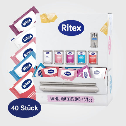 Ritex condom dispenser – condom sample pack of 40, condom dispenser with 5 different Ritex condoms for variety &amp; fun – vegan condoms, dermatologically tested, Made in Germany