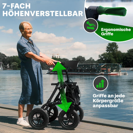 Outdoor rollator with pneumatic tires, a comfortable seat, and backrest—rugged, lightweight, and foldable. The affordable all-terrain rollator in titanium black.