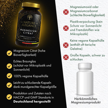 NEOLYMP Magnesium Citrate Capsules High Dose - 360mg elemental magnesium per dose - produced in Germany - vegan, laboratory-tested &amp; sustainable brown glass (Magnesium Citrate 180 Capsules)
