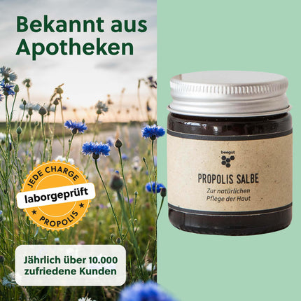 beegut Propolis ointment for natural skin care and protection, high-quality propolis cream, certified natural cosmetics from the Allgäu region, sustainably packaged