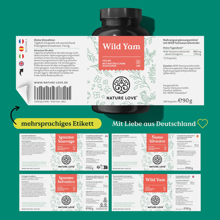 NATURE LOVE® Wild Yam Capsules - 180 Menopause Capsules vegan - High dosage with 880mg extract (including 176mg diosgenin) - laboratory-tested, without unwanted additives and produced in Germany