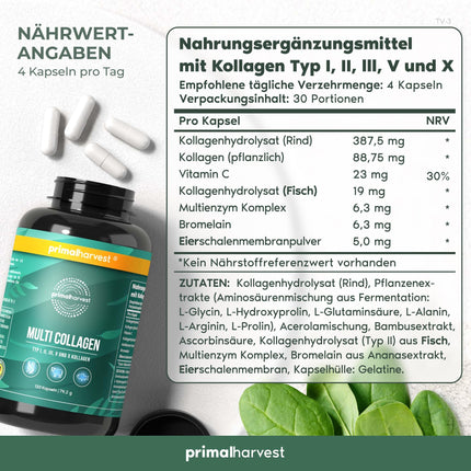 Primal Harvest ® Multi-Collagen - 120 Collagen Capsules High Dosage - Premium Collagen Complex - GMP-certified &amp; made in Germany - Gluten- &amp; soy-free