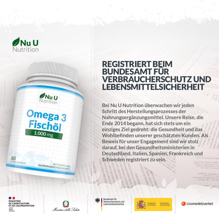 Omega 3 Fish Oil 1000mg - 365 Capsules High Dose - 900mg EPA &amp; DHA per dose in triglyceride form - Pure Fish Oil from Sustainable Fishing - Essential Omega 3 Fatty Acids - Nu U Nutrition