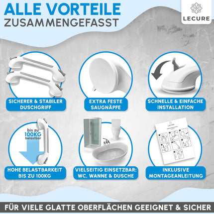 LECURE® Shower Grab Bar [2 Pieces] No Drilling Required - Extra Strong Shower &amp; Bath Grab Bar with Suction Cup - Ideal for Seniors and People with Physical Disabilities [110 kg Load Capacity]