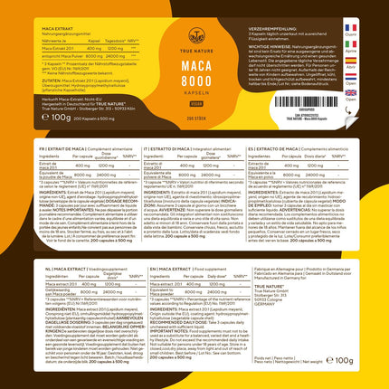 Maca Capsules Gold 20:1 high-dose - 8000 mg per capsule (200 capsules) Premium Maca Extract - Vegan, German production - TRUE NATURE®