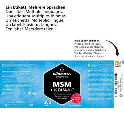 MSM capsules + Vitamin C, high-dose, 360 capsules for 6 months, 1,334 mg organic sulfur powder per day, 99.9% pure methylsulfonylmethane, dietary supplement without additives, Made in Germany