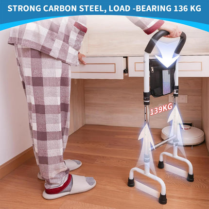 Elderly standing aid, standing aid bed, adjustable height standing aid, mobile standing aid with storage bag and 4 handles and motion light, suitable for elderly and disabled people, walking aid