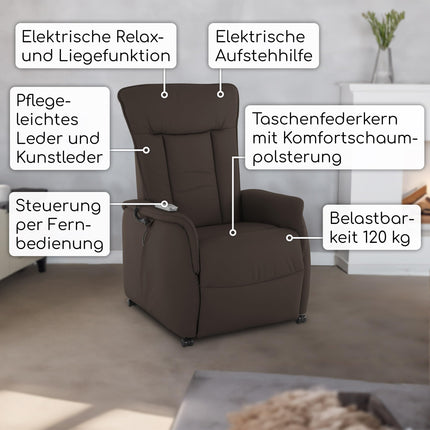 Raburg TV chair with stand-up aid, recliner chair with reclining function, electric with remote control, 2 motors, pocket spring core/comfort upholstery, up to 120 kg, leather/faux leather, Marie, dark brown
