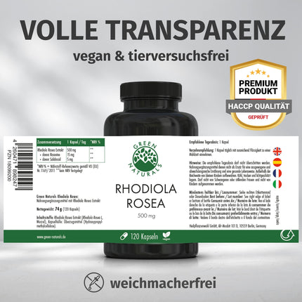 Rhodiola Rosea Capsules - High Dose: 500 mg per capsule with 3% Rosavins &amp; 1% Salidroside - 4 Month Supply (120 Capsules) - Rhodiola Rosea - Pharmacy Quality - Green Naturals®