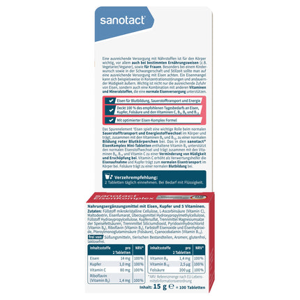 sanotact Iron Complex (100 mini-tablets) • Highly dosed with 14mg iron, copper, folic acid, vitamins C, B2, B6, B12 • Immediate effect for iron deficiency • Iron for blood formation • 100% vegan