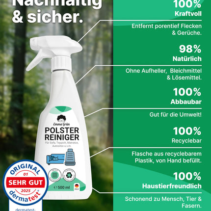 Emma Grün® Upholstery Cleaner for Sofas, Couches &amp; Car Seats 500ml [incl. Upholstery Brush] - Sustainable &amp; Odor-Free - Car Interior Cleaner - Upholstery Cleaning from Germany