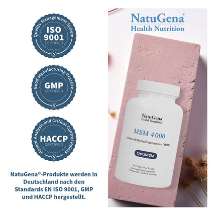 NatuGena MSM 4000, 4,000 mg pure methylsulfonylmethane (MSM) per daily dose, derived from the raw material OptiMSM, 150 capsules (30-day pack)