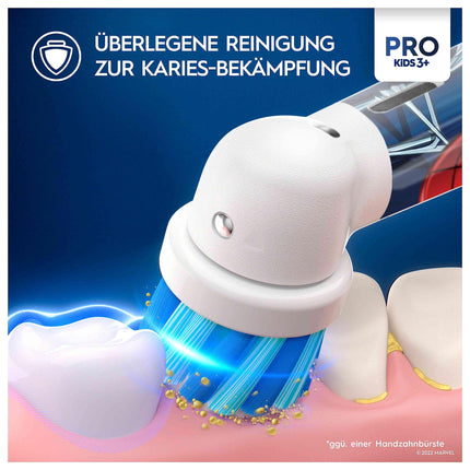 Oral-B Pro Kids Spiderman Electric Toothbrush for children ages 3 and up, including Sensitive+ mode for dental care, extra soft bristles, 1 brush head, 4 stickers, blue/red