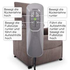Raburg TV chair with stand-up aid, recliner chair with reclining function, electric with remote control, 2 motors, pocket spring core/comfort upholstery, up to 120 kg, microfiber, Emma, ​​silk grey
