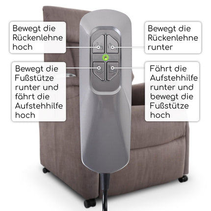 Raburg TV chair with stand-up aid, recliner chair with reclining function, electric with remote control, 2 motors, pocket spring core/comfort upholstery, up to 120 kg, microfiber, Emma, ​​silk grey